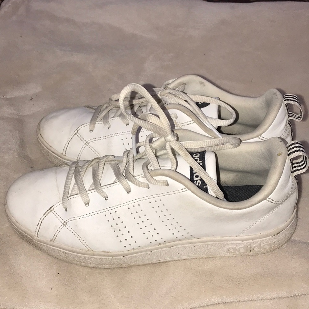 White Adidas Shoes with Black Stripes